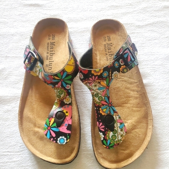 Maibulun Black Floral T-Strap Whimsical Colorful Boho Hippy Inspired Sz 9 Sandal - Picture 2 of 10
